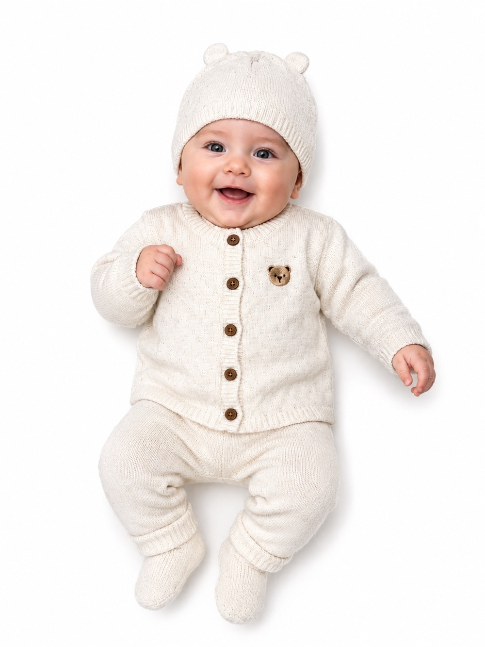 NEW Baby 2-Piece Knit Set - Bear Cardigan & Ears Beanie - Cream 3-6 Months